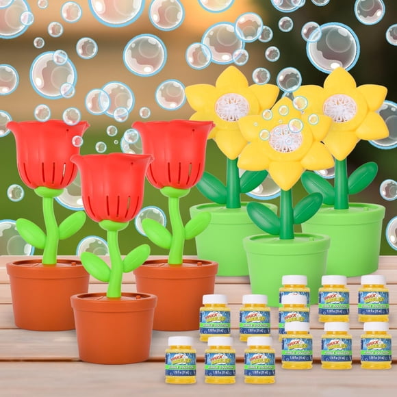 6 Machines Bubble à Fleurs avec Solution de Recharge de 12 Bouteilles, Paquet de Fête Créateur Bubble, Souffleuses Bubble à Fleurs avec Musique pour Enfants, Jouet Bubble de Jardin Extérieur d'Été, Printemps