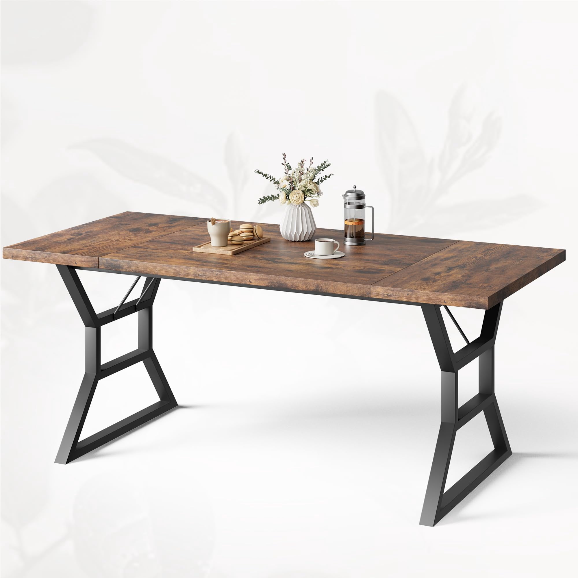 70.9 inch Large Farmhouse Dining Table for 6, Rectangular Wooden Kitchen Table with Heavy Duty X-Shaped Metal Legs, Brown