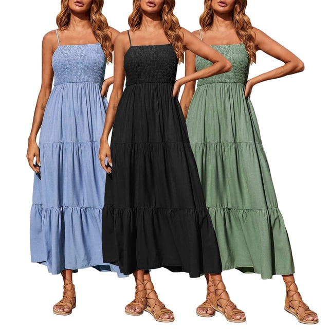 CEHVOM Robes Maxi pour Femmes Grande Taille, Robe Maxi Bohème d'Été pour Femmes, Robe Bohème Décontractée Sans Manches à Bretelles Spaghetti, Smockée, à Étages, Longue, de Plage et Soleil