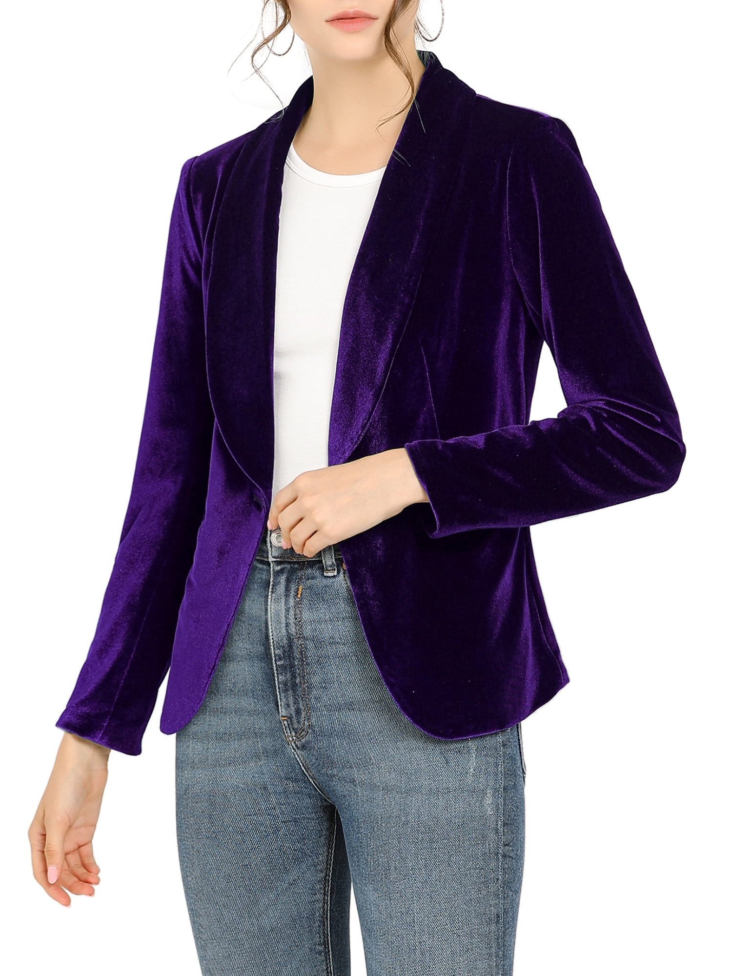 INSPIRE CHIC Women's Halloween Velvet Blazer Solid Color Shawl Collar One Button Wear-to-Work Suit Jacket Deep Purple XL