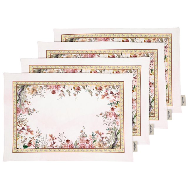Vargottam Napperons - Napperon pour Table à Manger, Ensemble de 4 - Serviette en Coton Imprimée et Réversible - Napperons d'Intérieur pour Table de Salle à Manger à la Maison et en Cuisine - Aquarelle Jardin de Thé Floral (Blanc)