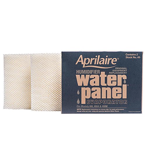 Aprilaire 45 Water Panel Evaporator, 2-Pack, featuring two beige wick filters with a honeycomb design. The packaging displays the Aprilaire branding and specifies compatibility with furnace humidifier models 400, 400A, and 400M. Designed for easy installation and annual replacement, these water panels are essential for maintaining optimal humidity levels during the heating season.