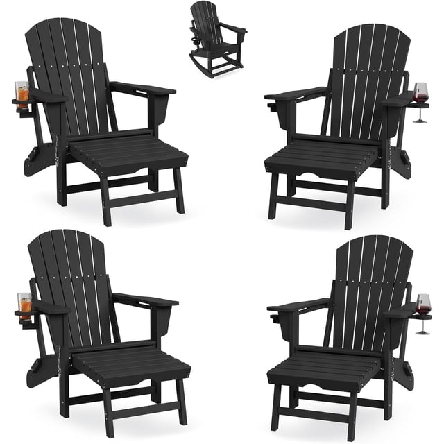 IdealHouse Rocking Adirondack Chairs Set of 4, Folding Adirondack Rocking Chair With Footrest, Adirondack RockingChair Outdoor With Retractable Ottoman and Cup Holder