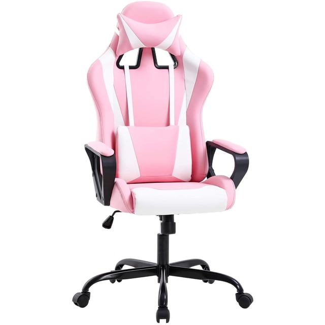 BestOffice Gaming Chair Ergonomic Executive Swivel Rolling, Lumbar Support, Pink. A stylish gaming chair with pink and white PU leather upholstery, ergonomic lumbar support, contoured backrest, and adjustable height. Features 360° swivel rotation and smooth-rolling caster wheels for mobility. Suitable for gaming, office, or desk use, and often used in home workspaces for added comfort.