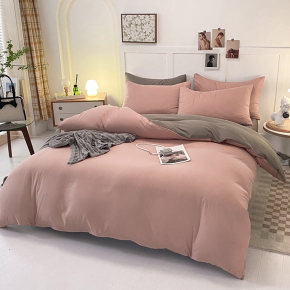 Wuztai 4 Piece Bedding Set, Reversible Washed Cotton Polyester Twin Queen Comforter Set, Gray Orange Blue Pink Dorm Bed Sheets for College Students