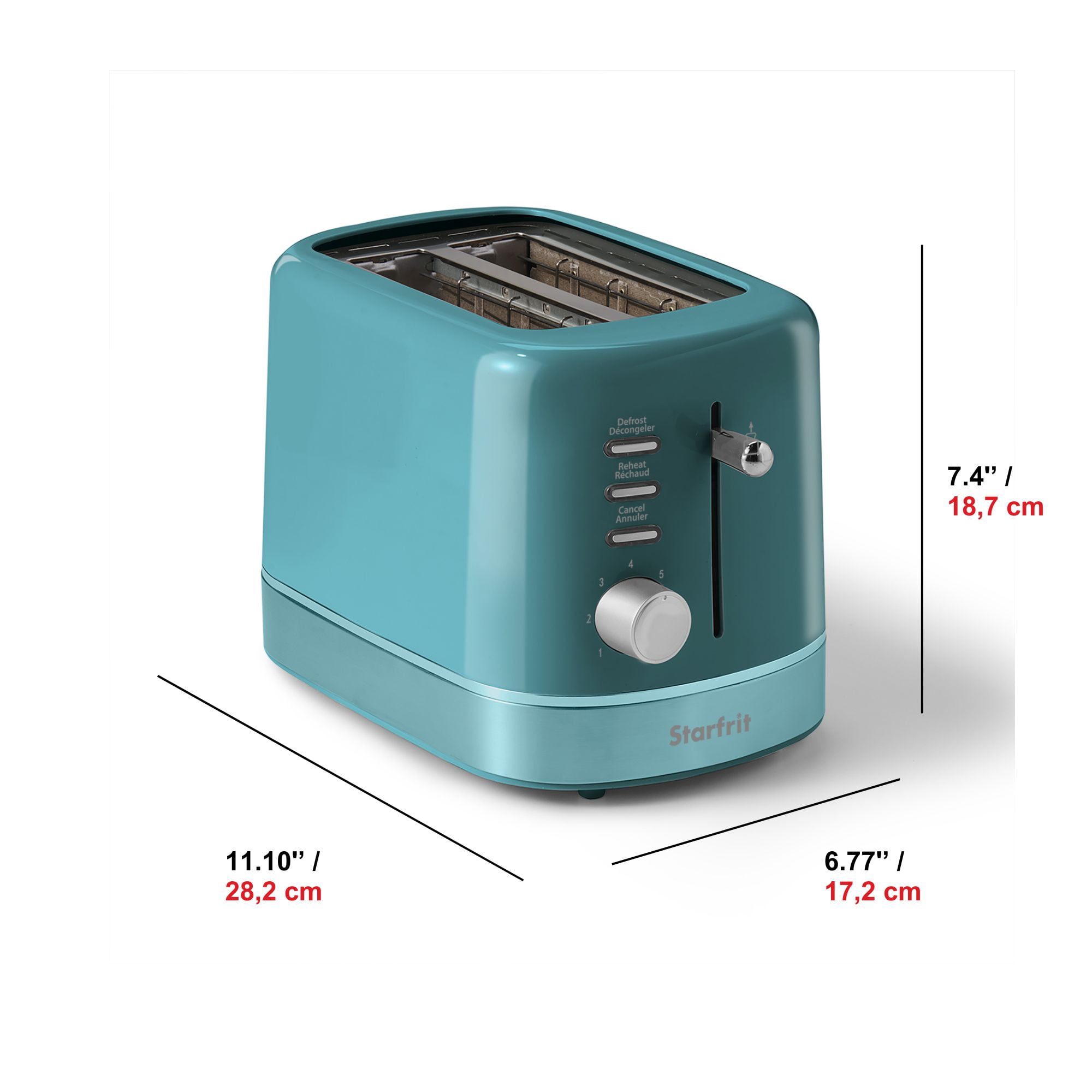 Starfrit Grille-Pain 2 Tranches, 2 Fentes Extra Larges, 7 Réglages de Brunissement, Fonctions Décongeler, Réchauffer & Annuler, 750W, Bleu Sarcelle