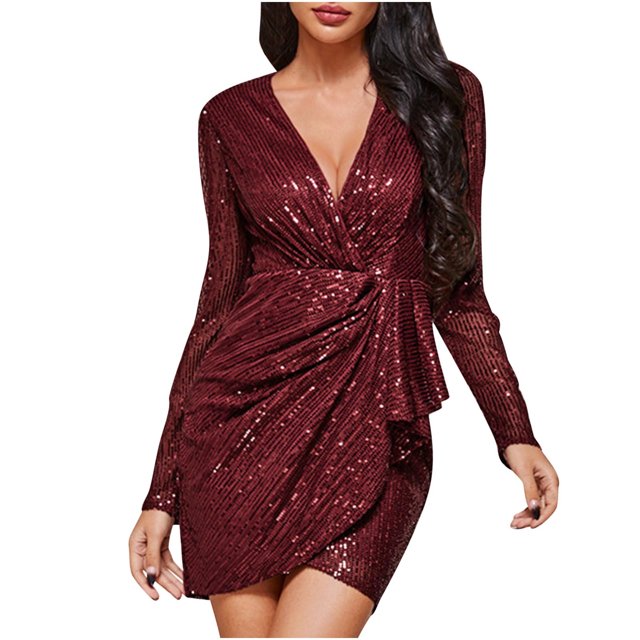 FAIWAD Robes à Paillettes pour Femmes à Manches Longues Froncées Portefeuille à Col en V Robe Scintillante pour Cocktail et Fête