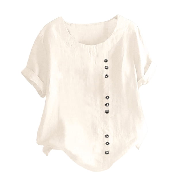 Timegard Cotton Linen Tops for Women Plus Size Round Neck Button Tunic Tops Casual Lightweight Blouse