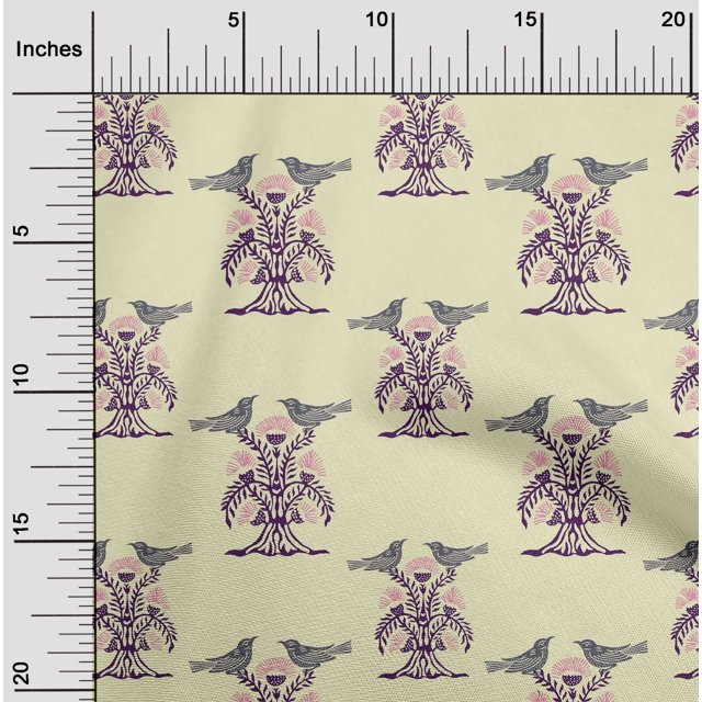 oneOone Cotton Cambric Fabric Bird & Tree Block Print Fabric By Yard 56 Inch Wide