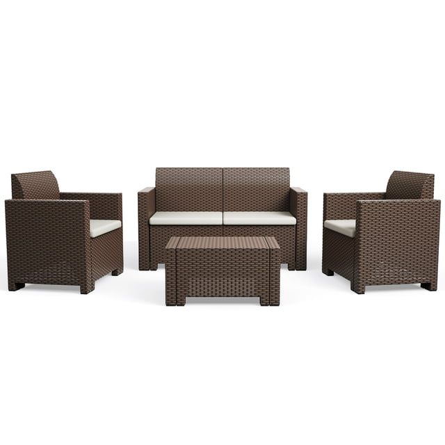 Costway 4PCS Patio Sofa Loveseat Cushioned Made In Italy Brown