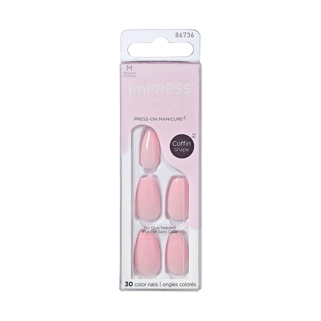 KISS ImPRESS Color - Fake Nails, 30 Count, Coffin Shape Medium, light pink solid color press-on manicure nails with gel finish and no glue needed, in clear plastic packaging with pink and white label, suitable for quick DIY salon-quality nail looks