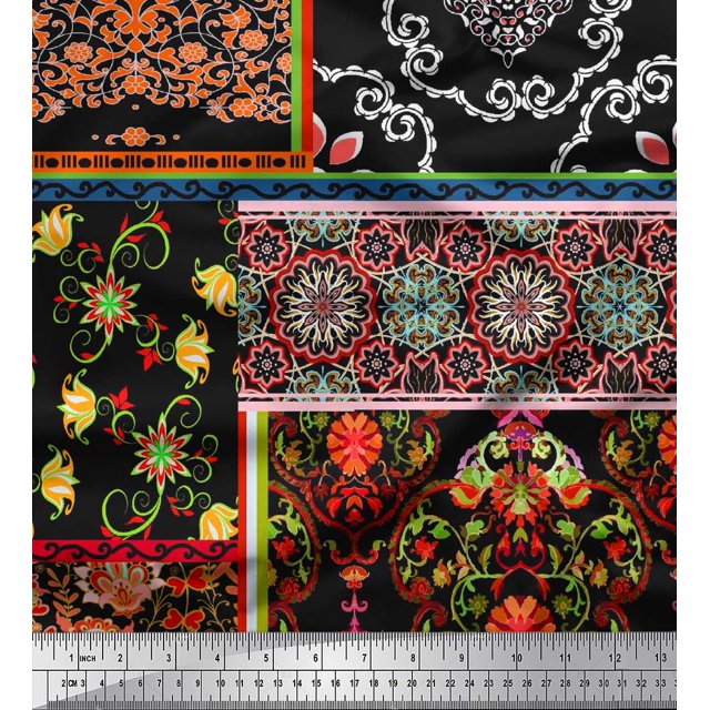 Soimoi Moss Georgette Fabric Floral & Damask Patchwork Print Fabric by The Yard 42 Inch Wide