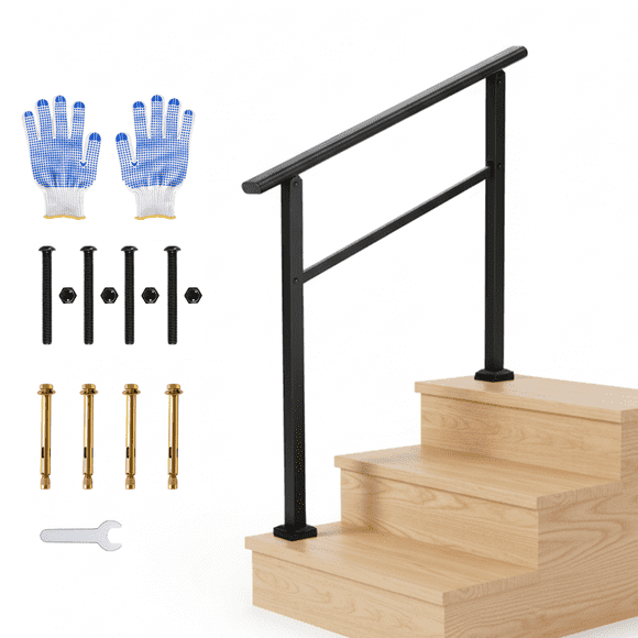 Metal Handrail – Adjustable for 2-6 Steps – Black Deck Stair Railing – Porch, Exterior & Indoor – DIY Install Kit