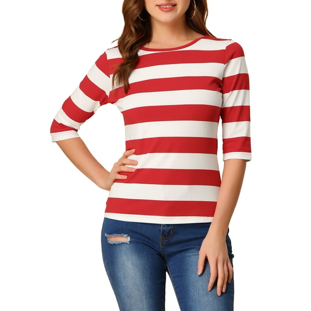 INSPIRE CHIC Hauts pour Femmes Non Doublés Col Rond Manches au Coude Coupe Ajustée T-Shirt Décontracté TP Rouge