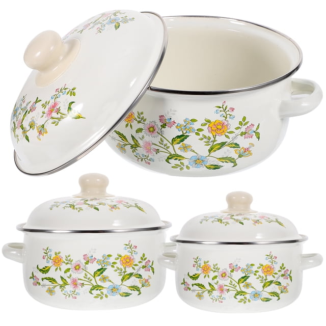 MasteelfCA 3pcs Cooking Pots Set Stock Pots Flat Bottom Stockpot Enamel Cooking Pot Soup Pot