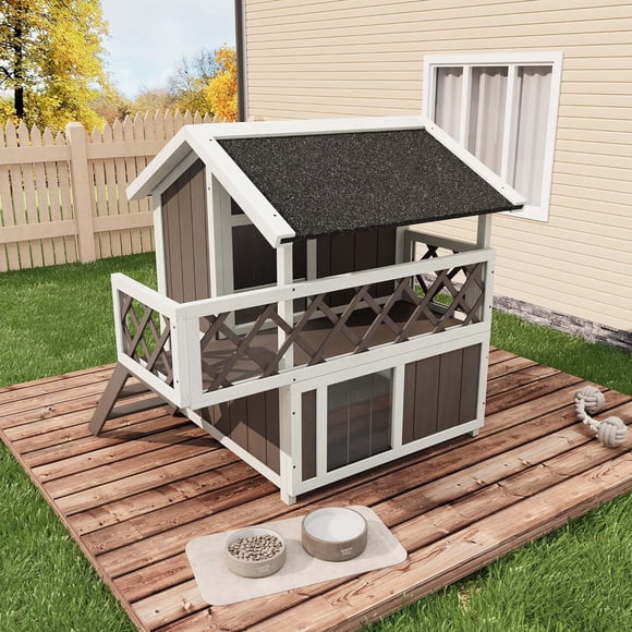 Maison pour Chat - Abri Extérieur/intérieur Étanche à 2 Étages - Design Blanc + Gris avec Porte d'Évasion et Toit en Asphalte Amovible - Balcon pour Chats Errants/sauvages