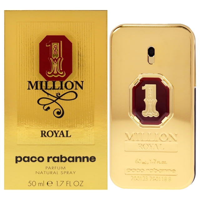 1 Million Royal by Paco Rabanne for Men - 1.7 oz Parfum Spray. The image shows the gold-toned rectangular bottle with a red and gold emblem featuring the number '1' and the word 'Royal' engraved below. The matching gold packaging with similar branding is displayed beside the bottle. This amber woody fragrance, launched in 2023, is designed by Quentin Bisch and Christophe Raynaud.