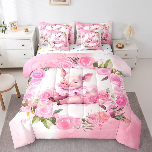 YST Kids Cartoon Pig Bedding Set, 7-Piece Spring Blossom Comforter Set, Kawaii Piggy Theme, Twin Size