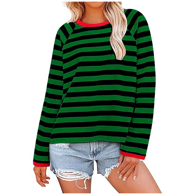 Hauts pour Femmes à Rayures Col Ras du Cou Manches Longues T-Shirts à Blocs de Couleur Automne Décontracté Ample Confortable Blouse