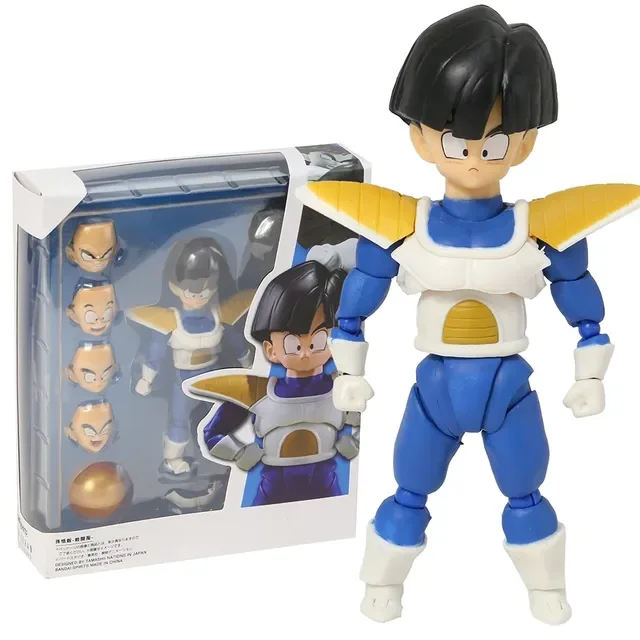 Dragonball Super Son Goku Ultra Instinct SHF Collection Action Figure PVC Model Figurals, a 15-16.5cm tall PVC action figure. The figure features Son Goku in a blue and white battle outfit with yellow shoulder armor. The packaging includes multiple interchangeable facial expressions and accessories, displayed in a clear box.