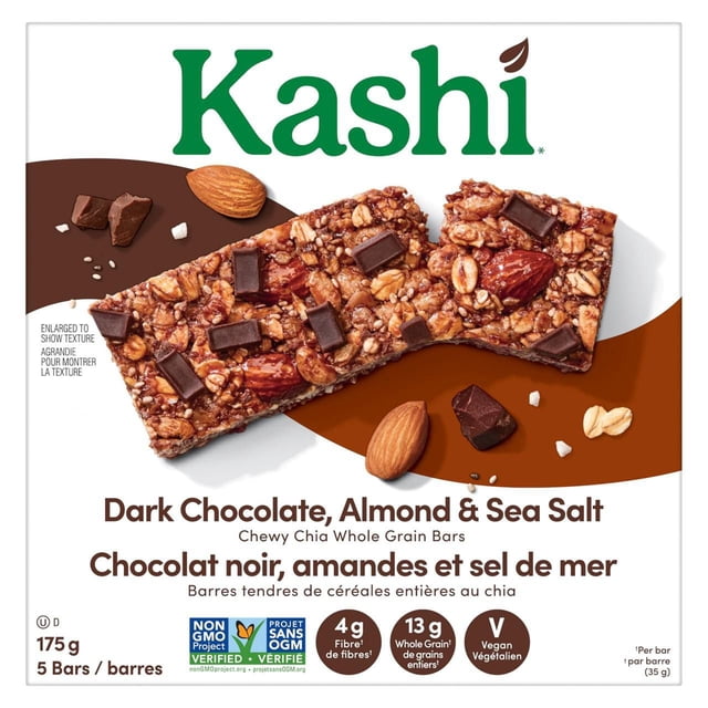 Kashi Dark Chocolate, Almond & Sea Salt Chewy Chia Whole Grain Bars package showing a close-up of a granola bar with dark chocolate chunks, whole almonds, chia seeds, and sea salt flakes on a white background with brown accents, highlighting its natural, non-GMO ingredients and whole grain nutrition, ideal for a wholesome snack.