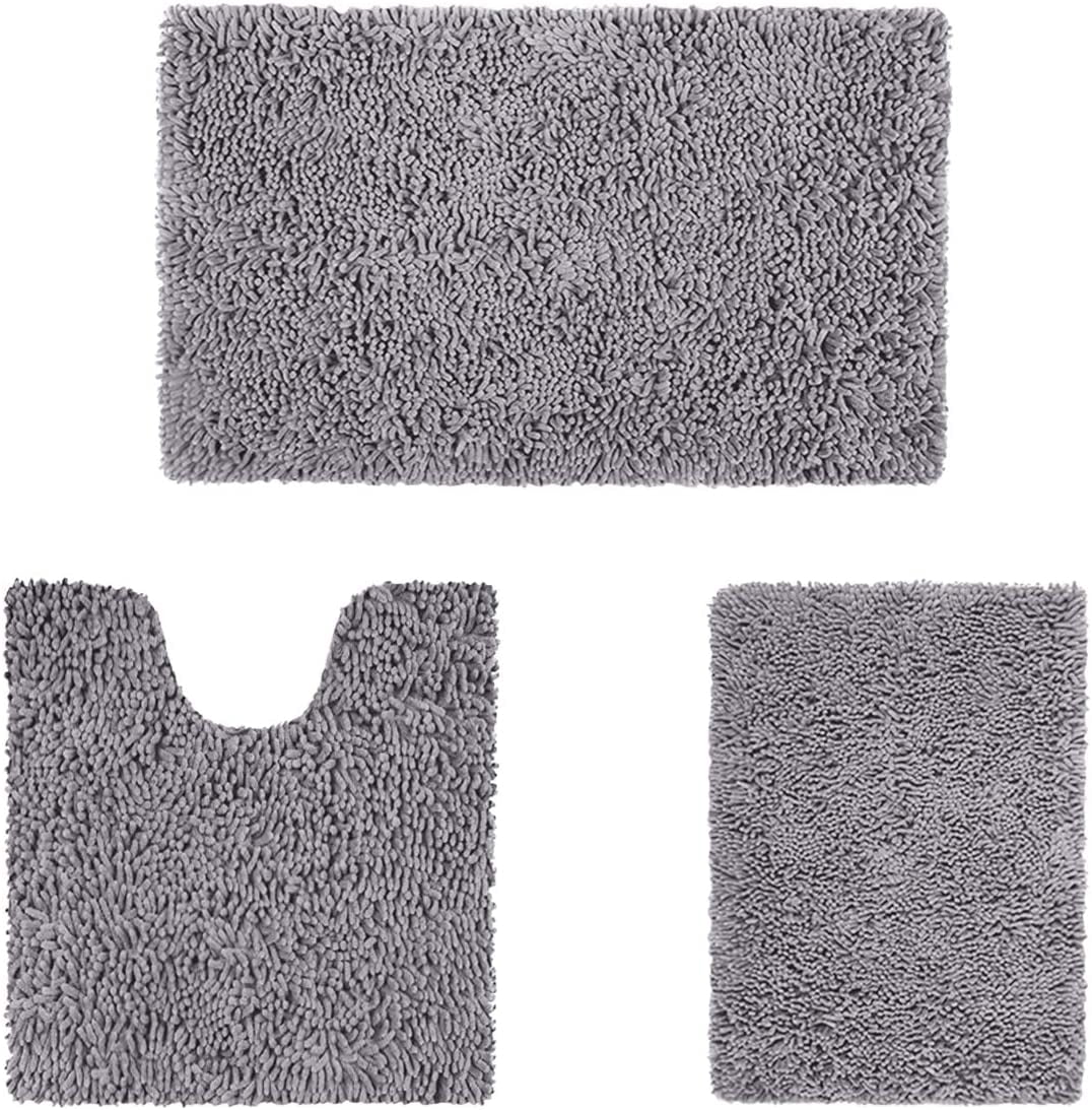 CPDD 3 Pieces Bathroom Rug Set, Ultra Soft Non Slip Bath Rug and Absorbent Chenille Bath Mat, Grey Bathroom Rugs, Plush Bath Mats for Bathroom, Tub, Shower Grey 3 Pieces Set