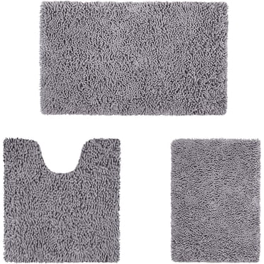 CPDD 3 Pieces Bathroom Rug Set, Ultra Soft Non Slip Bath Rug and Absorbent Chenille Bath Mat, Grey Bathroom Rugs, Plush Bath Mats for Bathroom, Tub, Shower Grey 3 Pieces Set