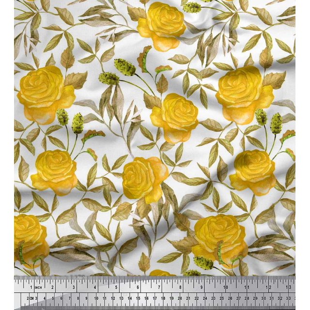 Soimoi polyester Crepe Fabric Leaves & Rose Flower Print Sewing Fabric Yard 42 Inch Wide