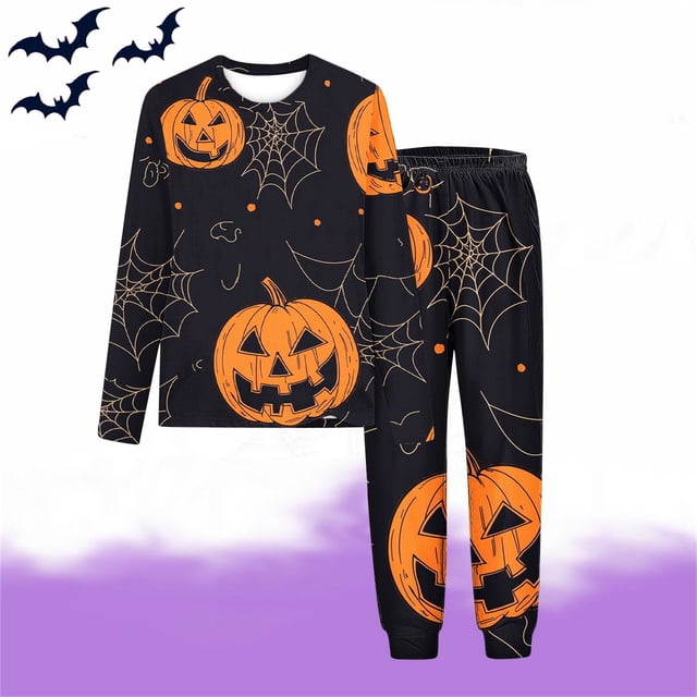 MKOSPLRT Pyjamas d'Halloween pour Tout-Petits Filles Garçons Vêtements de Nuit Ensembles 2 Pcs Manches Longues Col Ras du Cou Hauts Bas de Pyjama Tenue de Détente des Fêtes 3-15 Ans