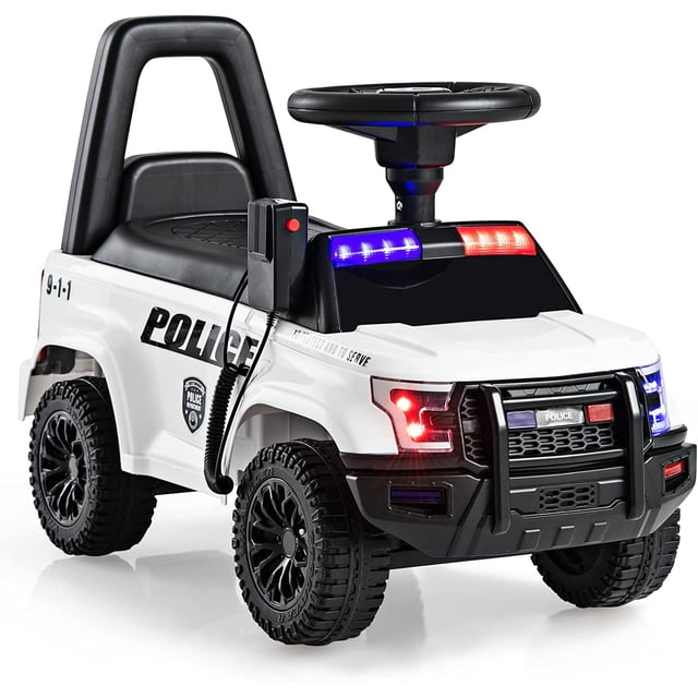 OLAKIDS Ride On Push Police Car in white, a foot-to-floor sliding toy with realistic police car features including flashing headlights, siren lights, and a working megaphone. Equipped with a rotatable steering wheel, under-seat storage, and anti-falling support for safety. Suitable for kids aged 3+ with a weight capacity of 55 lbs.