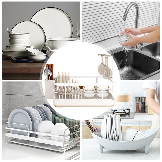 Two-Tier Dish Drying Rack with Integrated Utensil Holder and Efficient Drain Tray for Organized Kitchen Counter