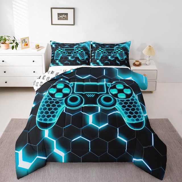 Erosebridal Gamepad Bedding Full Comforter Set, Game Player Down Comforter, Honeycomb Geometry Decor, Lightweight 3-Piece