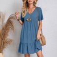thumbnail image 4 of LOVZFMLL Robe d'Été pour Femme Décontractée Évasée à Manches Courtes, Col en V, à Étages, Ligne A, Fluide, Robe de Plage à Volants, Longueur Genou, Robe Soleil Bleu 5TG, 4 of 9