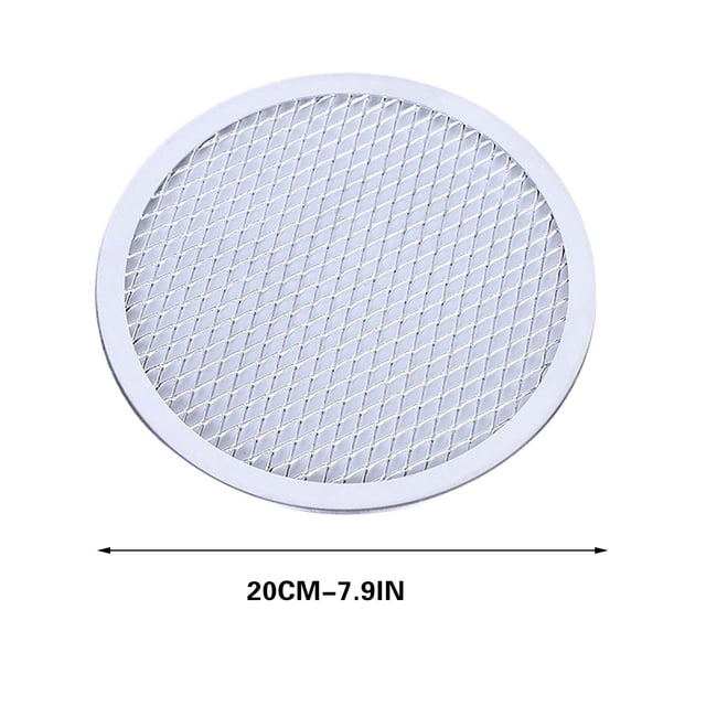 CEHVOM Aluminum Pizza Mesh Pizza Plate with a thickened mesh design, shown in a circular shape with a seamless rim. Made of durable metal, it measures 20 cm (7.9 inches) in diameter. Ideal for baking pizzas with evenly cooked crusts and improved ventilation. Suitable for use in kitchens and pizzerias.