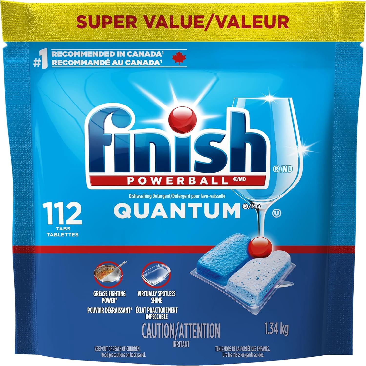 Finish Quantum Dishwasher Detergent Pods, 3-Chamber Formula with Powerball Action, No Pre-Rinse, Grease & Stain Removal, Scrubs Dried-On Food, Deep Clean & Sparkling Shine, 112 Tabs