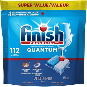 Finish Quantum Lave-vaisselle Detergent Pods, 3-Chamber Formule avec Powerball Action, pas de pré-rinçage, graisse & Enlèvement de la peau, broyage des aliments séchés, nettoyage profond & Brillant, 112 Tables