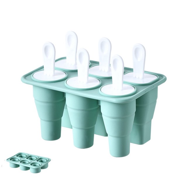 Ice Cream Molds Popsicle Silicone Collapsible Popsicles Molds in mint green, featuring six reusable silicone molds with white popsicle sticks. Ideal for homemade popsicles and ice cream, this kitchen gadget is easy to release and foldable for compact storage.