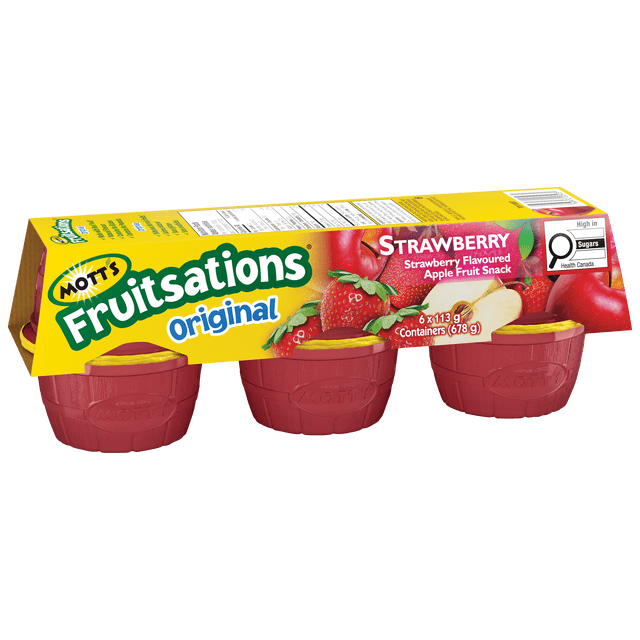 Mott's Fruitsations Mott’s Fruitsations Original Strawberry Apple Sauce six-pack with red plastic containers and yellow peel-off lids, packaged in a yellow and red sleeve featuring strawberry and apple fruit snack branding and a Health Canada high in sugars label, suitable as a convenient fruit snack option.