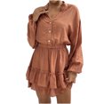 thumbnail image 1 of AherBiu Long Sleeve Dresses for Women Button Down Lapel V Neck Tiered Pleated Ruffle Short Dress, 1 of 7