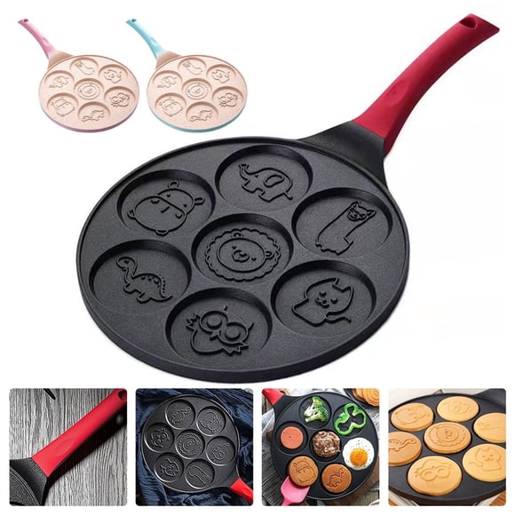 CHOK Pancake Pan with Handle 7 Animal Molds Pancake Maker Pan for Kids Non-stick Stovetop Egg Frying Pan Cute Breakfast Griddle Pan