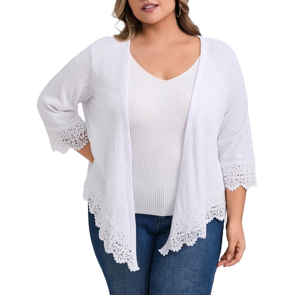 GRACE & GRANDEUR Women's Plus Size Cardigan Knit Lace Trim Waterfall Shrug Cover Up 3/4 Sleeve High Low Hem Open Front Cardigans 4X White