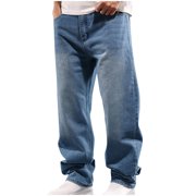 Fengqque Men's Straight Leg Jeans Loose Fit Vintage Cargo Denim Trousers Pants Casual Wide Leg Jeans Light Blue XL(XL)