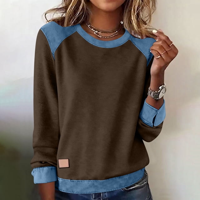 Nuoqisi Oversized Shirts for Womens Cozy Spring Summer Tops Tunic Collared Denim Polo Patchwork Pullover Long Sleeve Round Neck Sweatshirt