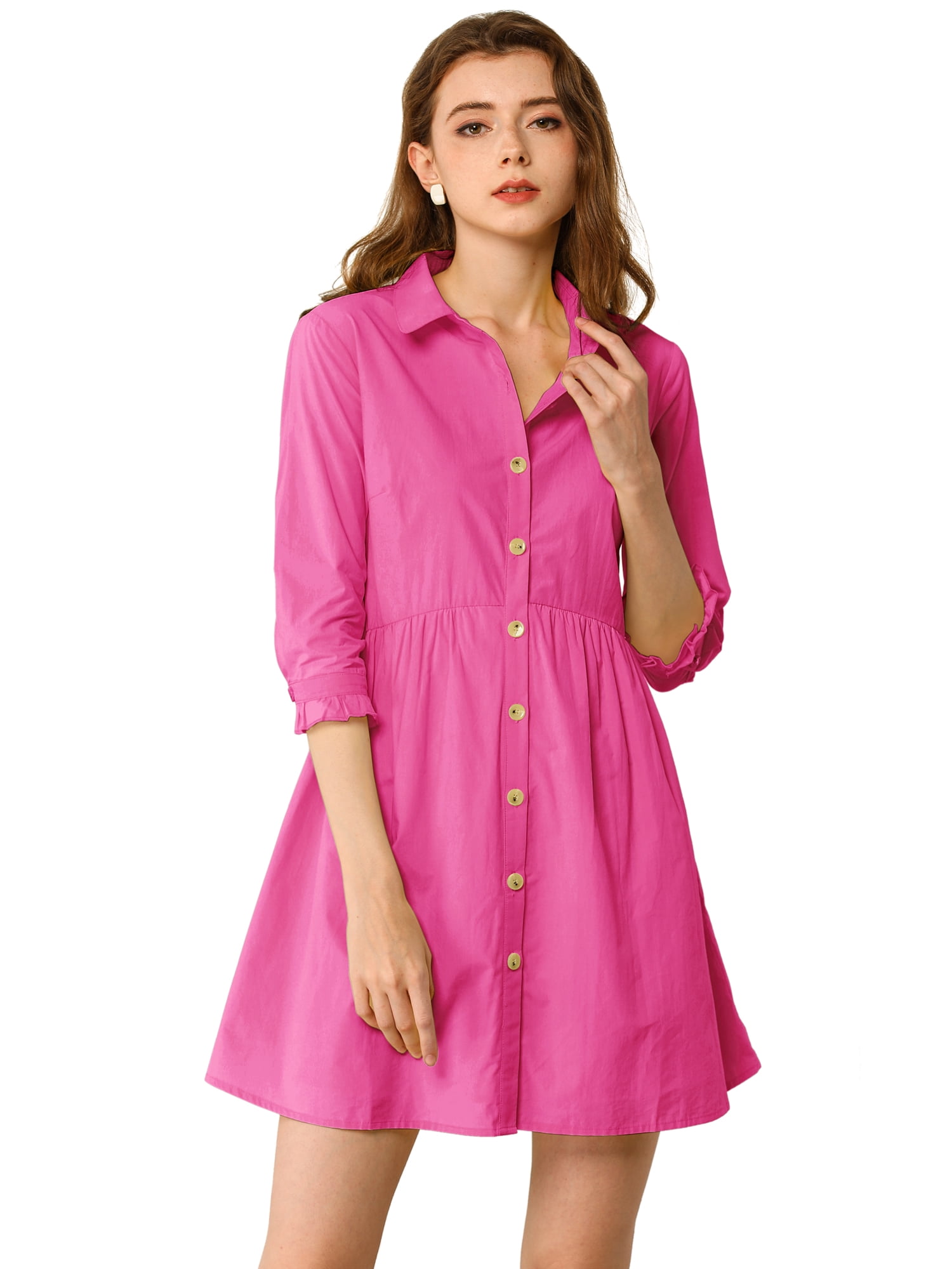 INSPIRE CHIC Women's 3/4 Sleeve Button Front Flare Mini Shirt Dress