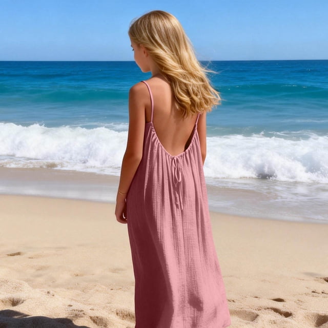 EGNMCR Robe Longue Ample à Bretelles pour Filles, Mode, Mignonne, Couleur Unie, avec Cordon au Dos, Robe pour Filles