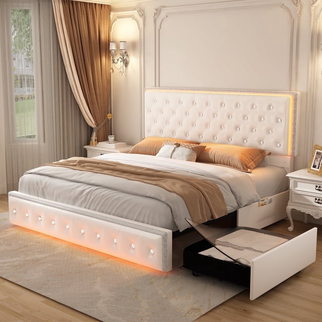 SIBEDS Queen LED Bed Frame with 2 Storage Drawers, PU Leather Diamond Tufted Headboard, RGB Lights, Noise Free, White