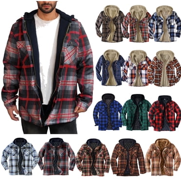 DDAPJ pyju Men's Quilted Lined Hooded Shirt Jacket Soft Warm Long Sleeve Plaid Hoodie Jackets Winter Trendy Casual Work Coats with Pockets Big Sale Blue Gray XXL