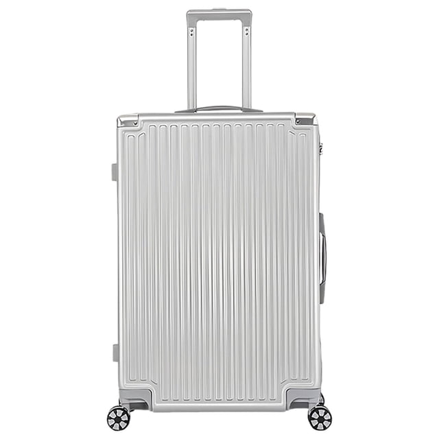 WINGOMART Valise Légère Durable en PC+ABS Rigide, Roues Doubles Pivotantes, Cadenas TSA - 24 Po. Vue Orientée vers l'Avant d'Une Valise Rigide Argentée de 24 Po avec une Finition Texturée et Brossée. Parmi les Caractéristiques, On Retrouve des Roues Doubles Pivotantes pour une Mobilité Fluide à 360°, un Cadenas Approuvé TSA pour la Sécurité et une Poignée Télescopique pour une Manutention Facile. la Valise Est Fabriquée en Matériaux PC+ABS Durables, Offrant une Résistance aux Impacts et une protection contre les Égratignures
