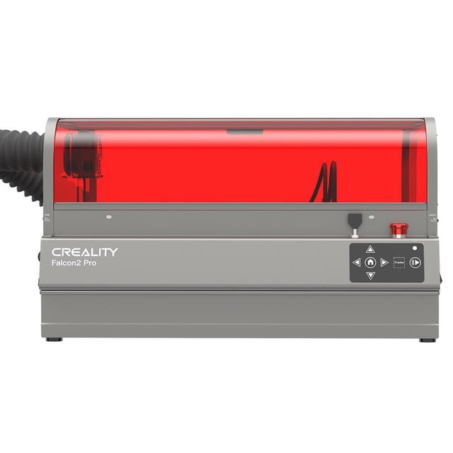 Creality Falcon2 Pro 60W Laser Engraver with gray metal enclosure and translucent red protective cover, front-facing control panel with navigation buttons and emergency stop, built-in camera for precise auto-positioning, designed for efficient laser cutting and engraving in 3D printer accessories.