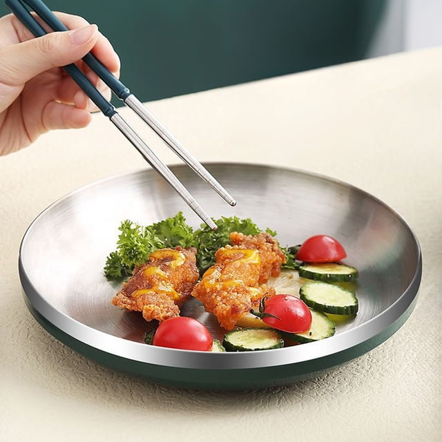 Stainless Steel Plate Set, Insulated Dinnerware with Chopsticks Spoon, Heat Resistant Food Tray, Dishwasher Safe Metal Tableware, Modern Kitchen Dining Utensils for Home